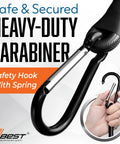 Close-up of heavy duty carabiner bungee cords with hooks featuring durable scratch resistant carabiner for outdoor use.