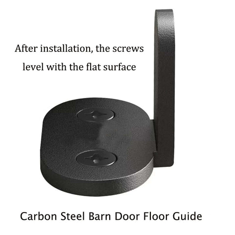 Close-up of Heavy Duty Carbon Steel Barn Door Floor Guide Set, Adjustable Floor Rails, Flush Bottom, Black Finish