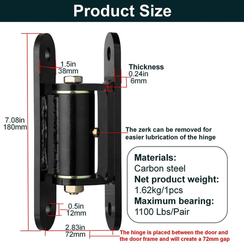 Heavy Duty Gate Hinges 7in product size and specifications, carbon steel material, 1100 lbs max load, bolt or weld installation