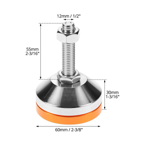 Heavy Duty Carbon Steel Leveling Feet With Anti Skid Pads 4 Pack For Furniture And Equipment M12 Thread 2.36 Inch Base QWORK