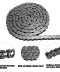 High-strength carbon steel chain with links rolled up, showing load-bearing details and descriptions for durability and efficiency.