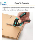 Heavy Duty 10 Inch Carpet Cutter And Multipurpose Cutting Tool slicing cardboard, showcasing ergonomic turquoise handle design.