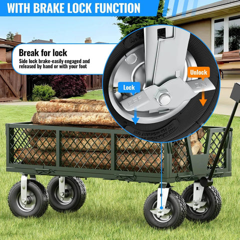 Close-up of 10 inch heavy duty caster wheels with brakes set of 4 on a cart, highlighting the brake lock function.