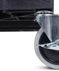 Close-up of caster wheel on Heavy Duty Plastic Utility Cart For Warehouses And Workshops With Three Shelves 32 By 18 Rolling Tub Cart 300 Lb Capacity Ergonomic Push Handle Black By Luxor Built For Tough Jobs Hauls Heavy Loads In Warehouses Garages Shops Cafes And More