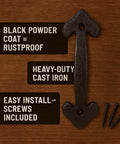 7 Inch Heavy Duty Cast Iron Barn Door Handle Medieval Rustic Gate Pull with screws, black powder coat, and rustproof finish