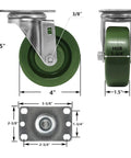 4 Inch By 1.5 Inch Heavy Duty Casters Set Of 4 With 2800 Lb Load Capacity, epoxy resin wheels, galvanized steel yokes, dimensions shown.