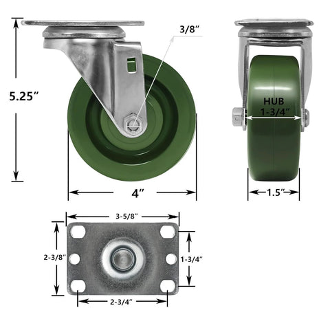 4 Inch By 1.5 Inch Heavy Duty Casters Set Of 4 With 2800 Lb Load Capacity, epoxy resin wheels, galvanized steel yokes, dimensions shown.