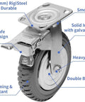 6 Inch Heavy Duty Plate Casters Set Of 4 With 360 Degree Swivel And Ball Bearing For Quiet Operation, side view of PU wheel and iron bracket with brake lock.