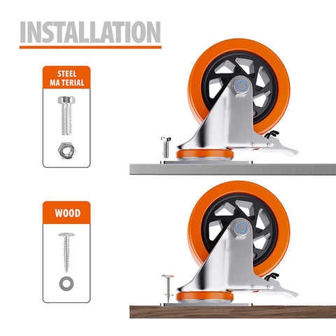 Installation guide showing two 4 Inch Heavy Duty Caster Wheels for tool boxes and furniture, with steel and wood mounting options.