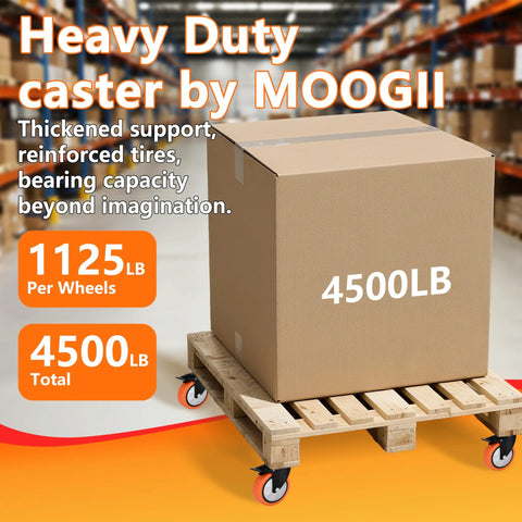 Heavy box on pallet with 6 inch industrial brake caster heavy duty wheel with 4000 lb load capacity in warehouse.