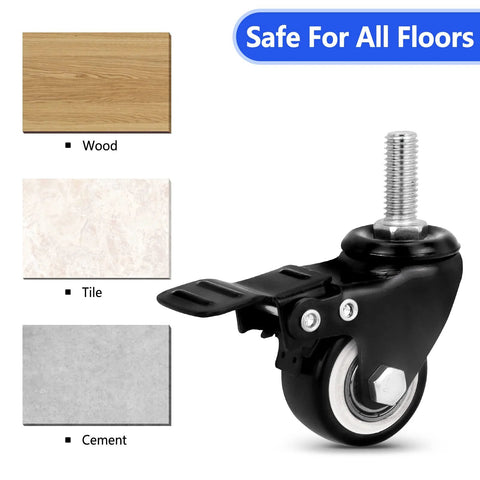 Set Of 4 Heavy Duty 1.5 Inch Stem Casters With 5/16-16 X 1 Inch Threaded Stems Carbon Steel Frame And Polyurethane Wheels Quiet Operation Up To 300 Lbs Per Caster Ideal For Furniture And Equipment On Casters shown on different floor types