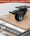 Two Inch Heavy Duty Caster Wheel with Brake on Wooden Surface, Swivel Top Plate, Shows Compatibility with Floors like Marble, Tile, Carpet