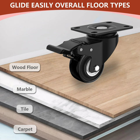Two Inch Heavy Duty Caster Wheel with Brake on Wooden Surface, Swivel Top Plate, Shows Compatibility with Floors like Marble, Tile, Carpet