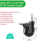 Five Pack 3 Inch Caster Wheels With Safety Dual Locking Brakes Heavy Duty Rubber Castors On 360 Degree Swivel Threaded Stem Mount Three Eighths Inch 16 UNC Suitable For Hardwood Carpet And Tile Floor Protection, detailed specifications diagram with measurements.
