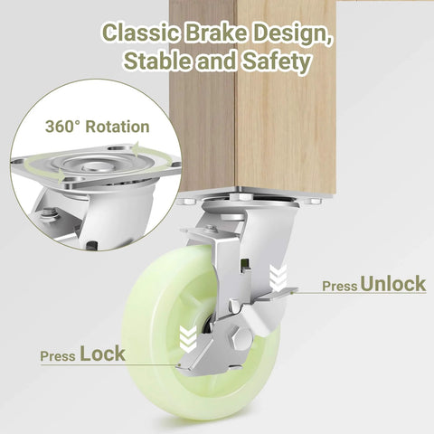 Heavy Duty Caster Wheels 6 Inch - 4500 LBS, PP Plate Castor with brake design showing 360° rotation for industrial use