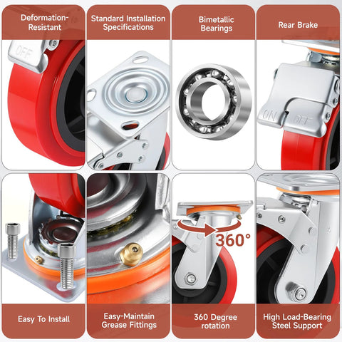 Six Inch Heavy Duty Caster Wheel Set Of Four For Industrial Equipment And Workbenches, polyurethane surface TPE casters with 5000 lb load capacity and swivel brake plate for machinery