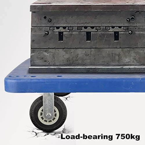 5 Inch Heavy Duty Swivel Plate Caster Wheels under a metal load, rubber tire tread industrial castors, 750kg max capacity, blue platform cart