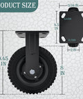Product size diagram of fixed heavy duty caster wheel, 8 inch*2, 1000lb capacity, black rim, solid rubber, cast iron, outdoor