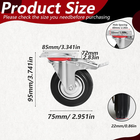 3 Inch Heavy Duty Caster Wheels Set Of 4 With Brakes, 360 Degree Swivel Locking Casters In Non Marking Polyurethane Rubber, Black Finish For Cart And Workbench, Smooth Quiet Rolling And Shock Absorption For Industrial Trolleys, size details