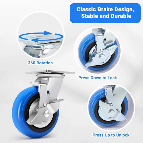 6 inch heavy duty caster wheels set of 4 rated 4500 lb total with smooth rolling design, brake features and polyurethane wheel details