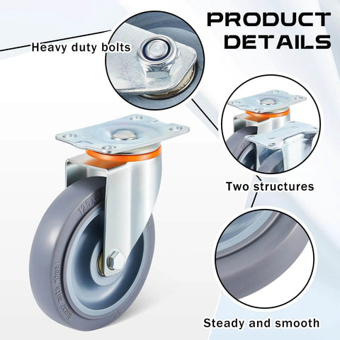 Close-up of 5 Inch Heavy Duty Caster Wheel showcasing swivel structure and heavy duty bolts for furniture carts and workbenches.
