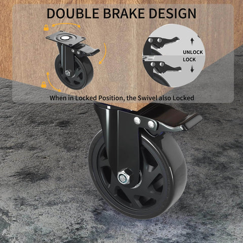 6 Inch Heavy Duty Caster Wheels Set of 4 with locking industrial swivel top plate design featuring dual safety brakes