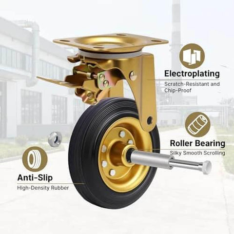 6 Inch Outdoor Heavy Duty Caster Wheels Set of 4 with Brake, featuring swivel plate, iron core, hard rubber, 2600lb load capacity