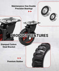 Features of 6 Inch Outdoor Heavy Duty Caster Wheels Set of 4 with Brakes, showing steel bracket, rubber, and precision bearings