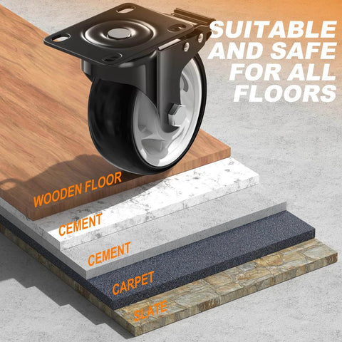 5 inch heavy duty caster wheels set of 4 rated 2600 lb total with 360 swivel & foot brakes on wood, cement, carpet, slate floors