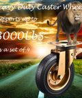 Lion standing on 8 Inch Heavy Duty Plate Caster Wheel, highlighting 3000 lbs load capacity, set of 4 with locking swivel features.