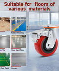 Image of a heavy duty 5 inch caster wheel with polyurethane surface, TPE casters, and swivel brake plate, suitable for various floors.