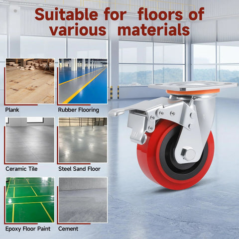 Image of a heavy duty 5 inch caster wheel with polyurethane surface, TPE casters, and swivel brake plate, suitable for various floors.