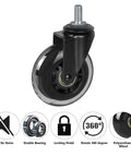3 Inch Heavy Duty Caster Wheels Set Of Four With M10 25mm Threaded Stem For Furniture And Equipment, black polyurethane wheel