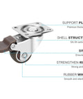 1 Inch Heavy Duty Caster Wheels Set of 4 with Brake, detailing support plate, shell structure, brake, rivet, and rubber wheel.