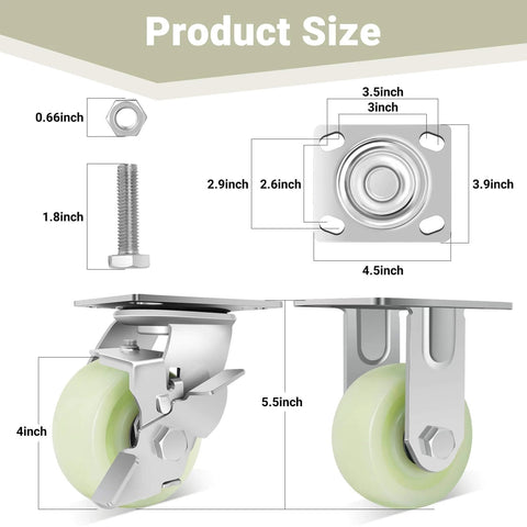 Dimensions of ✝️ Heavy Duty Caster Wheels 4 Inch - 2500 LBS, PP Plate Castor Set of 4 with Double Ball Bearings, shown with nuts and bolts