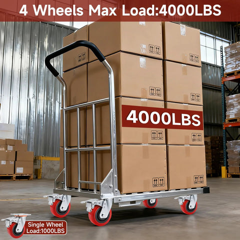 Heavy Duty 5 Inch Caster Wheels Set Of 4 With Polyurethane Surface TPE Casters And Swivel Brake Plate, loaded cart with boxes in warehouse