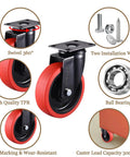 5 Inch Heavy Duty Caster Wheels Set of 4, premium rubber casters, swivel, fixed, ball bearings, 3000 LBS load, industrial use details