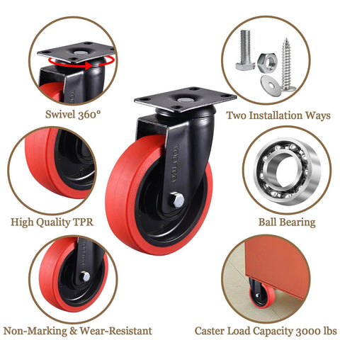 5 Inch Heavy Duty Caster Wheels Set of 4, premium rubber casters, swivel, fixed, ball bearings, 3000 LBS load, industrial use details