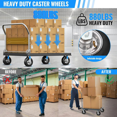 8 inch pneumatic caster wheels set of 4 with heavy duty rubber knobby tread, including 2 swivel casters and 2 rigid casters on a cart.