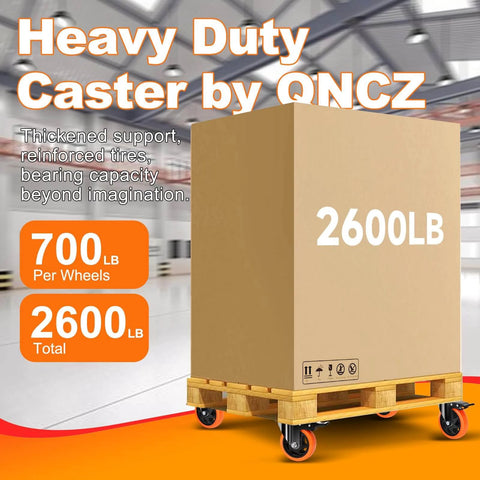 Large box on pallet with 5 Inch Heavy Duty Caster Wheels Set of 4, Silent Swivel Casters with Brakes, Industrial Load Rated 2600 lbs Total.