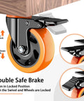 4 inch heavy duty caster wheel with locking swivel plate brake, stainless steel frame, orange polyurethane wheel for carts and furniture