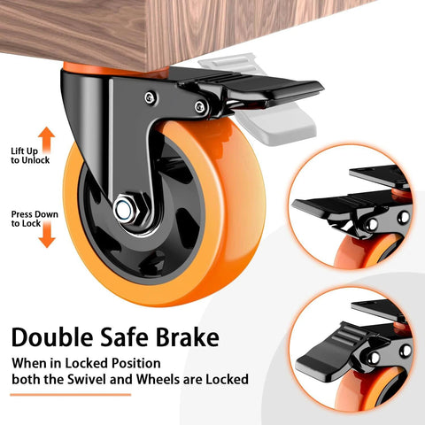 4 inch heavy duty caster wheel with locking swivel plate brake, stainless steel frame, orange polyurethane wheel for carts and furniture