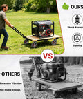 Comparison of 5 Inch Outdoor Heavy Duty Caster Wheels Set on grassy surface vs. others on rocky ground. Focus on stability and shock absorption.