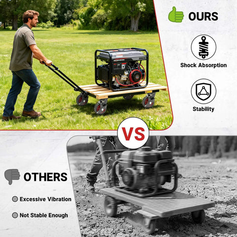 Comparison of 5 Inch Outdoor Heavy Duty Caster Wheels Set on grassy surface vs. others on rocky ground. Focus on stability and shock absorption.
