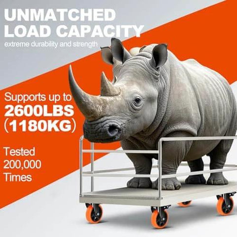 A large rhino standing on a cart demonstrating the heavy load capacity of a caster wheel set, supporting up to 2600lbs over 200,000 tests.
