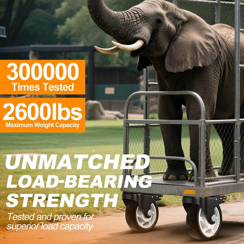 Elephant on cart showcasing 5 inch heavy duty caster wheels set of 4 rated 2600 lb total with 360 swivel & foot brakes for strength