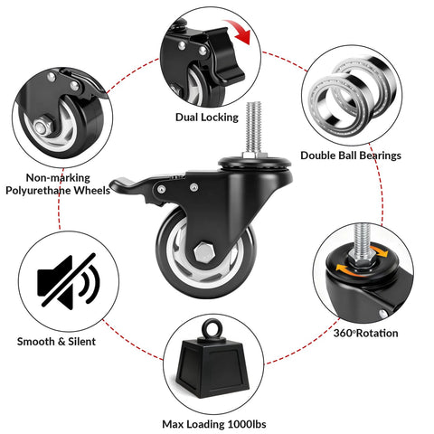 3 Inch Heavy Duty Caster Wheels Set Of 4 With Threaded Stem For Furniture And Workbenches Half Inch Diameter And 13 Threads Per Inch Locking Casters Non Marking PU Wheels Smooth Rolling Industrial Castors Each Up To 400 Pounds, shown with dual locking and non-marking features.