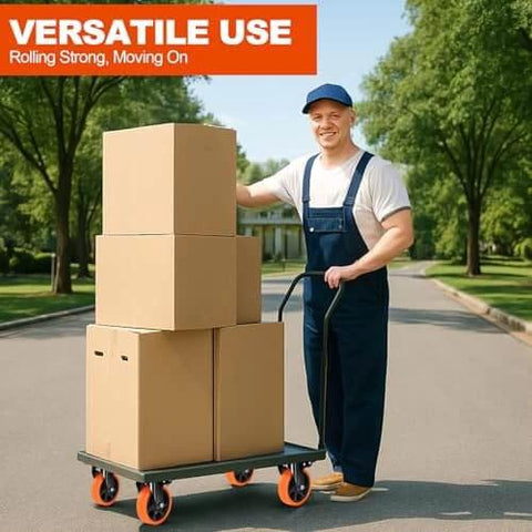 Person moving boxes on a cart using a 2 Inch Heavy Duty Locking Caster Wheels Set of 4, 360 Degree Swivel Plate Casters with Brake.