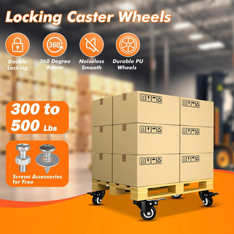 Set Of 8 2 Inch Heavy Duty Industrial Caster Wheels With Brakes And Quiet PU Construction on pallet in warehouse