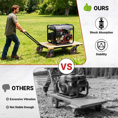 Comparison of 6 Inch Outdoor Heavy Duty Caster Wheels Set of 4 with Brakes vs. standard wheels showing stability on rough terrain